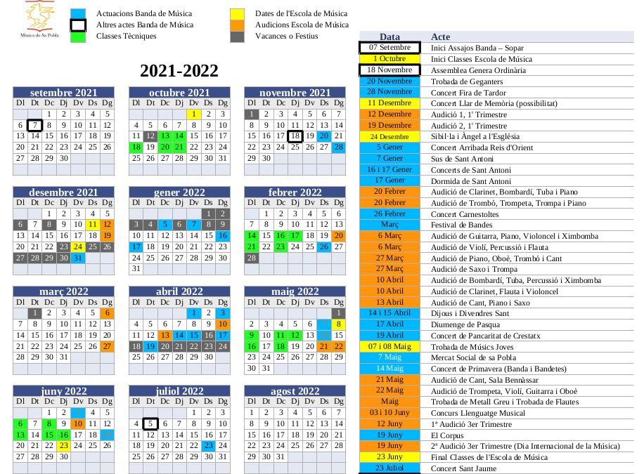 Calendari Actes de l’Associació, Curs 2021 – 2022